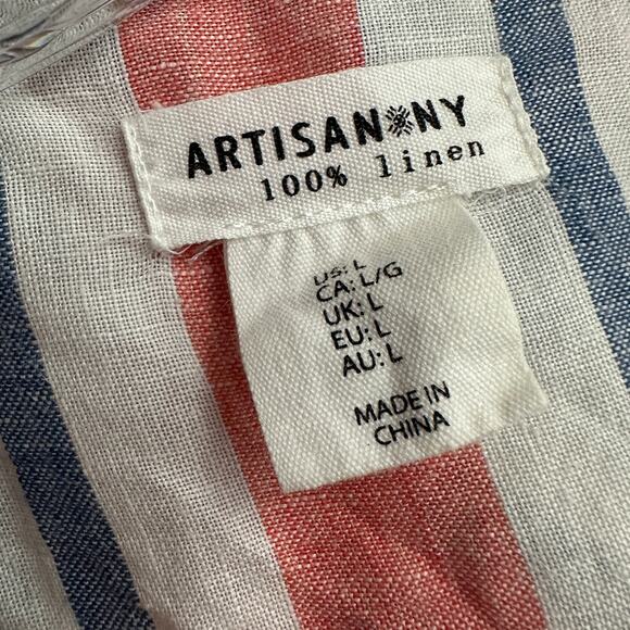 Artisan NY Womens Linen Top L Striped Button Front Coastal Grandmillennial - Picture 3 of 7
